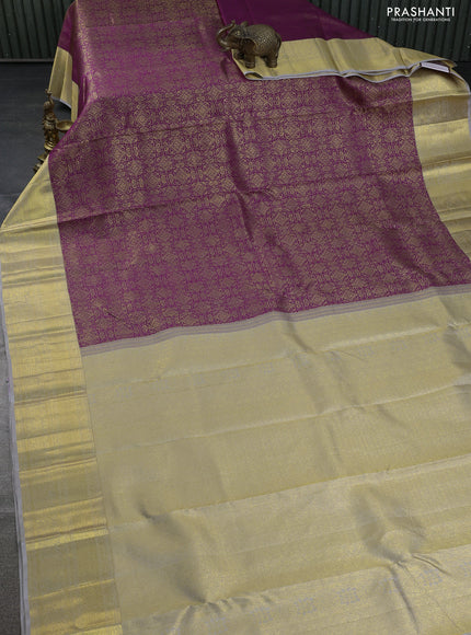 Pure kanchipuram silk saree purple and grey with allover zari woven brocade weaves and zari woven border