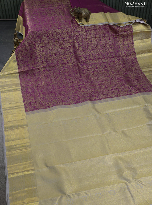 Pure kanchipuram silk saree purple and grey with allover zari woven brocade weaves and zari woven border