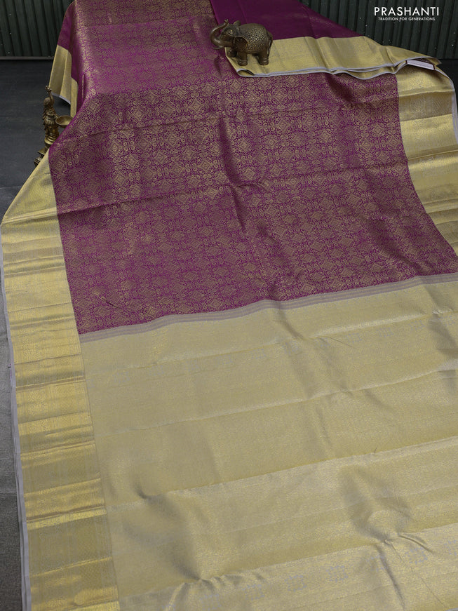 Pure kanchipuram silk saree purple and grey with allover zari woven brocade weaves and zari woven border