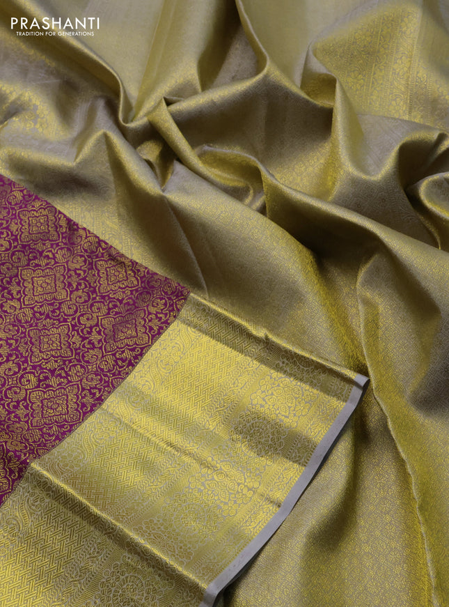 Pure kanchipuram silk saree purple and grey with allover zari woven brocade weaves and zari woven border