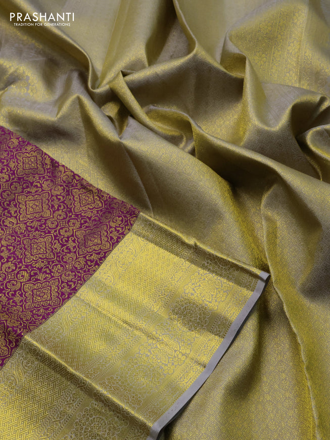 Pure kanchipuram silk saree purple and grey with allover zari woven brocade weaves and zari woven border