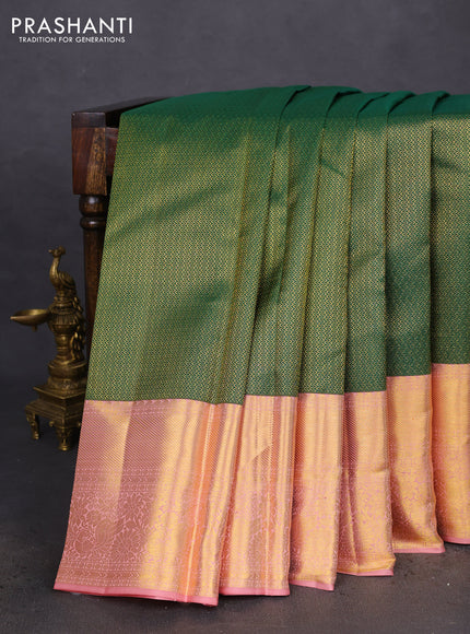 Pure kanchipuram silk saree green and peach shade with allover zari woven brocade weaves and zari woven border
