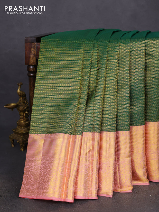 Pure kanchipuram silk saree green and peach shade with allover zari woven brocade weaves and zari woven border