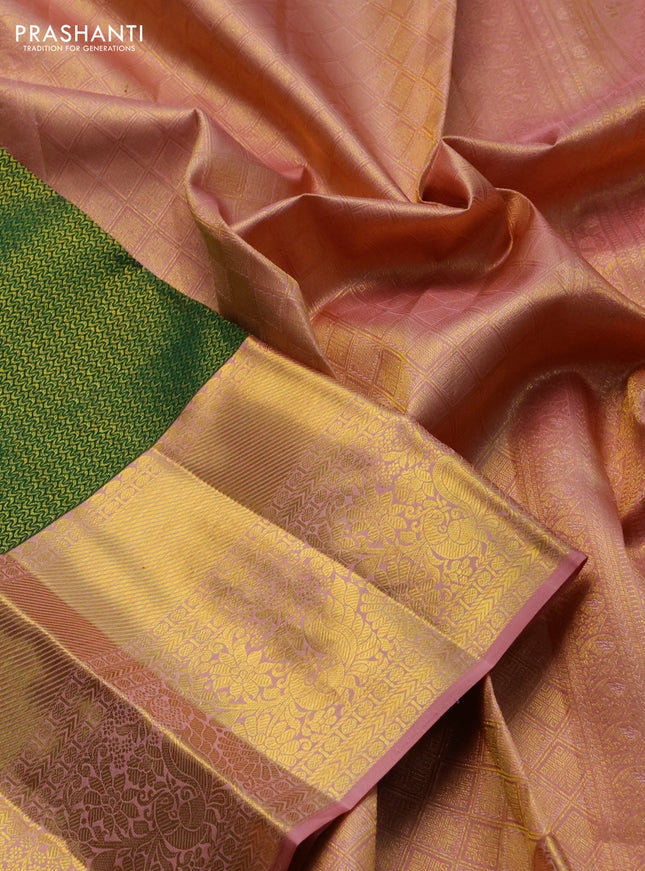 Pure kanchipuram silk saree green and peach shade with allover zari woven brocade weaves and zari woven border