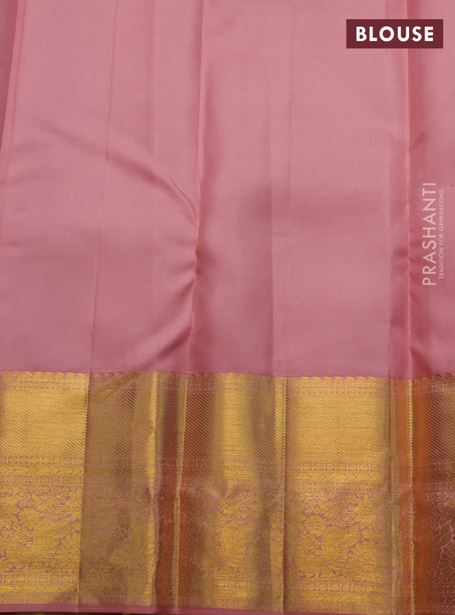 Pure kanchipuram silk saree green and peach shade with allover zari woven brocade weaves and zari woven border