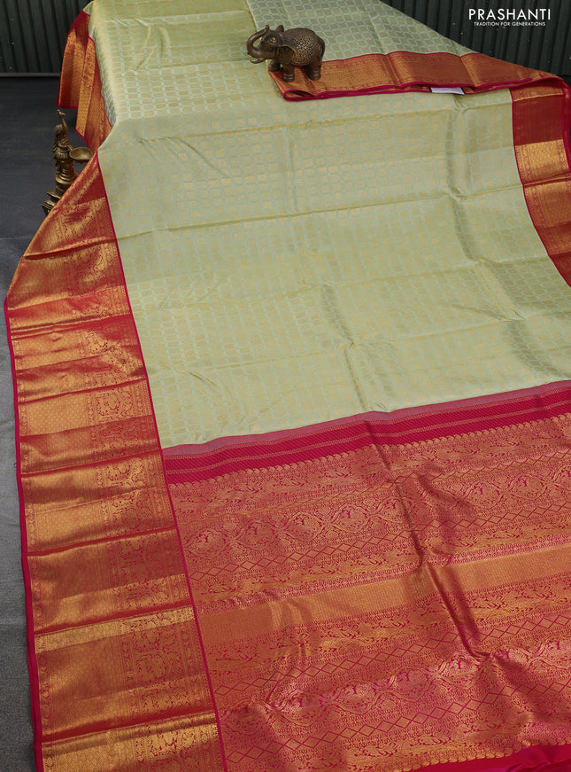 Pure kanchipuram silk saree pista green and pink with allover zari woven brocade weaves and long zari woven border
