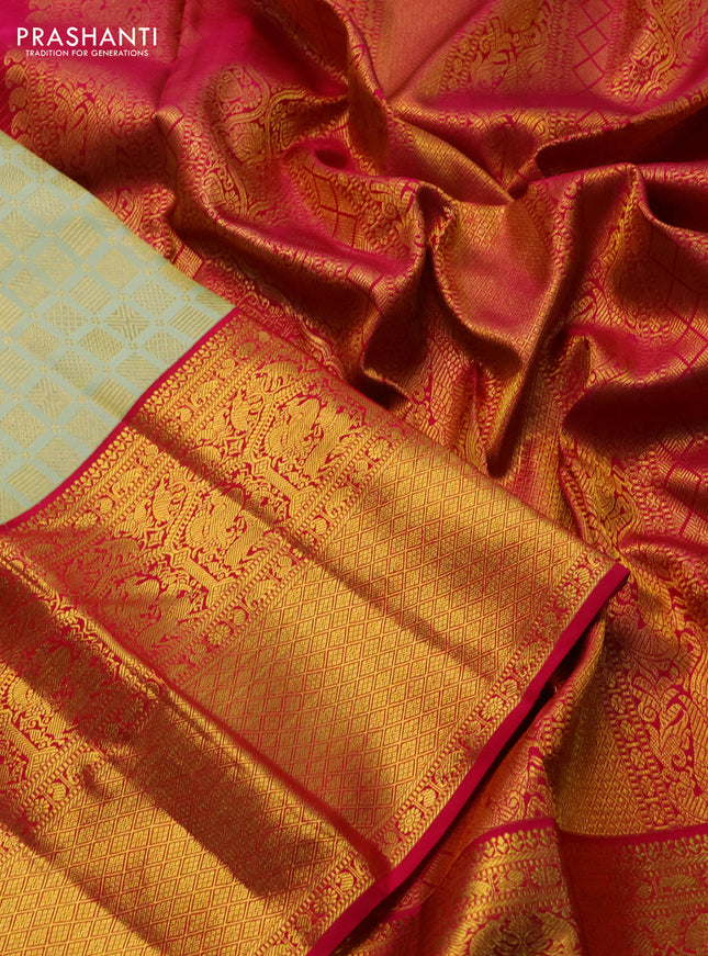 Pure kanchipuram silk saree pista green and pink with allover zari woven brocade weaves and long zari woven border