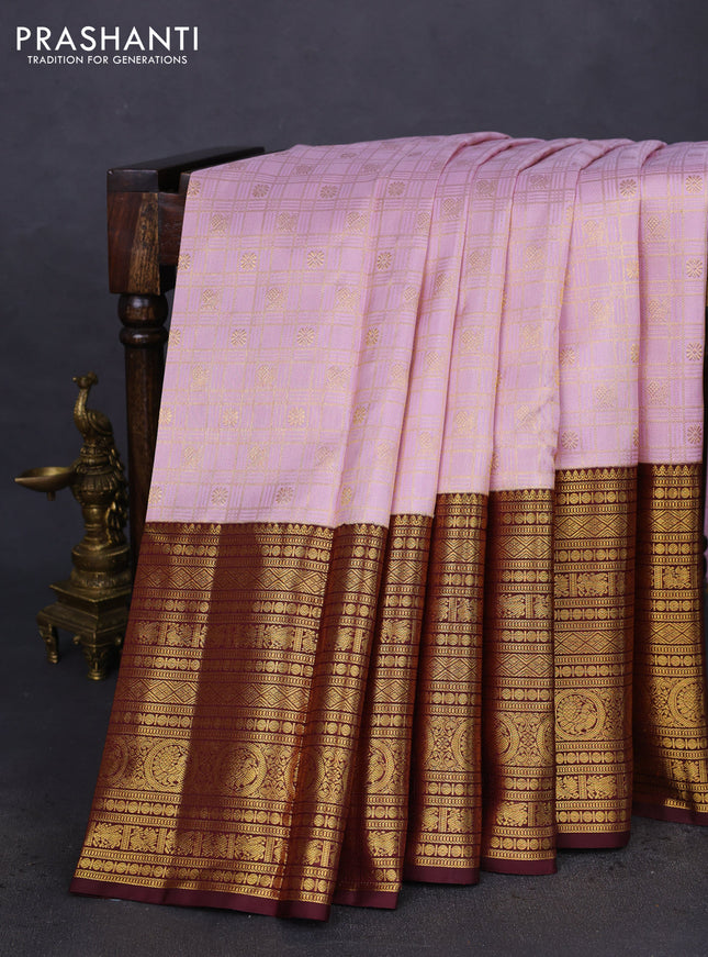Pure kanchipuram silk saree pastel pink and brown with allover zari checks & buttas and long zari woven border