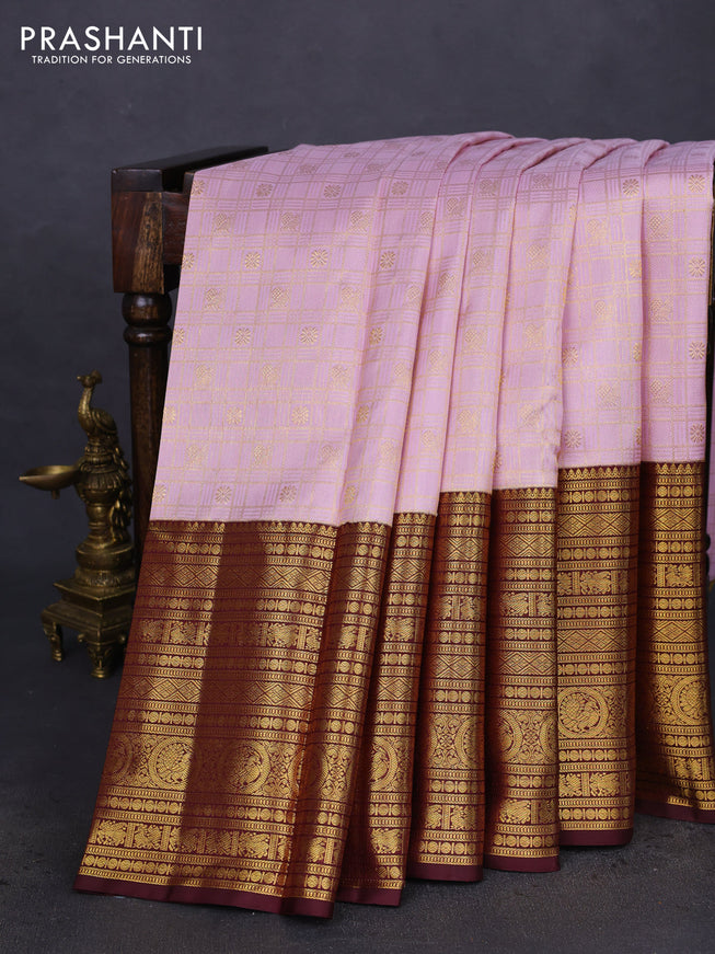 Pure kanchipuram silk saree pastel pink and brown with allover zari checks & buttas and long zari woven border