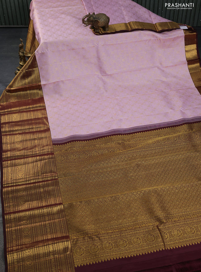 Pure kanchipuram silk saree pastel pink and brown with allover zari checks & buttas and long zari woven border