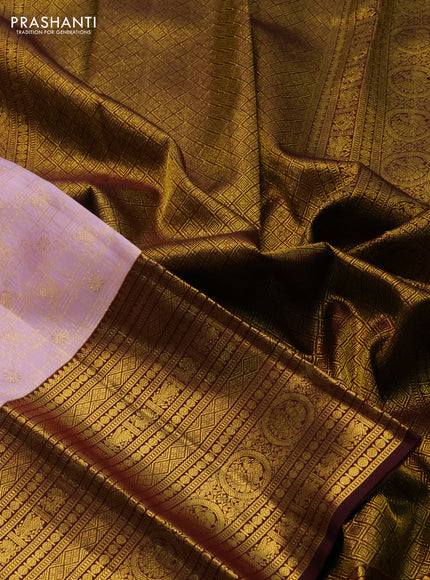 Pure kanchipuram silk saree pastel pink and brown with allover zari checks & buttas and long zari woven border