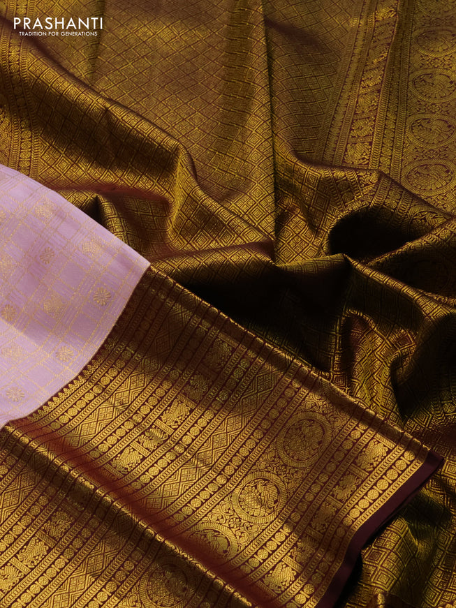 Pure kanchipuram silk saree pastel pink and brown with allover zari checks & buttas and long zari woven border