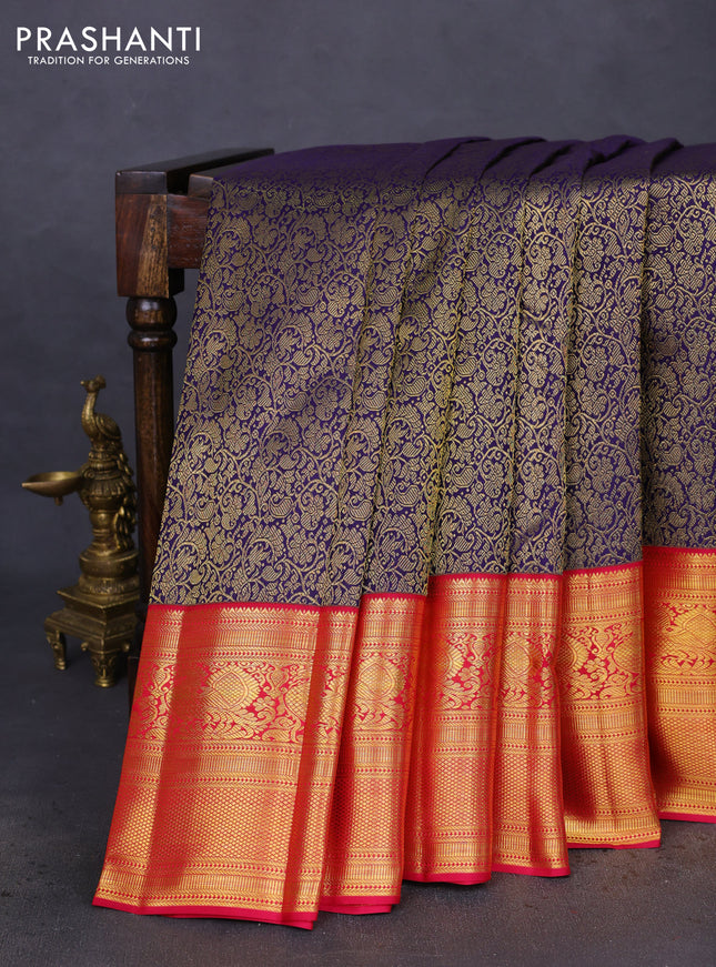 Pure kanchipuram silk saree blue and pink with allover zari woven brocade weaves and long zari woven border