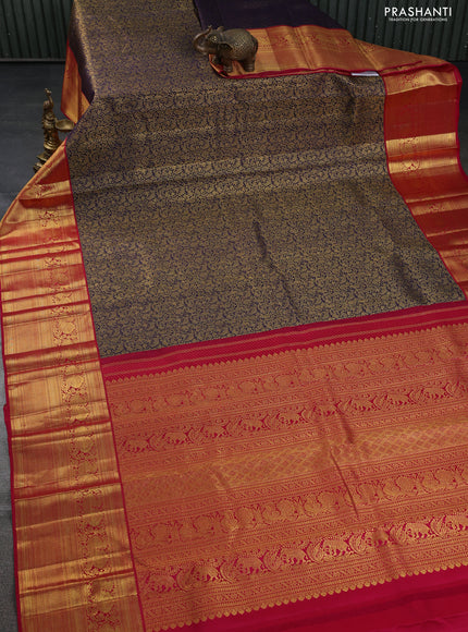 Pure kanchipuram silk saree blue and pink with allover zari woven brocade weaves and long zari woven border