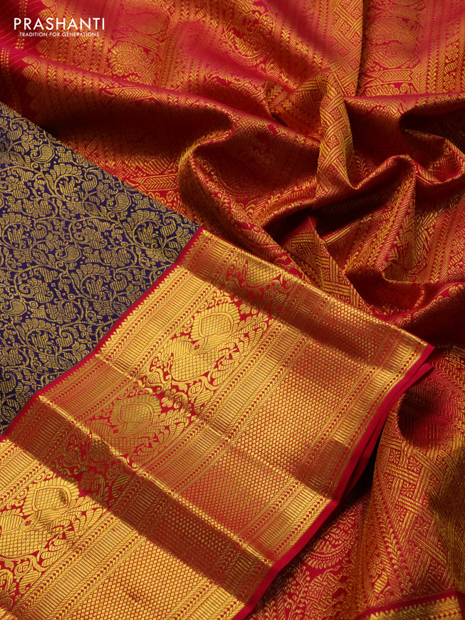 Pure kanchipuram silk saree blue and pink with allover zari woven brocade weaves and long zari woven border