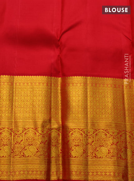 Pure kanchipuram silk saree teal blue and red with allover zari woven brocade weaves and long zari woven border