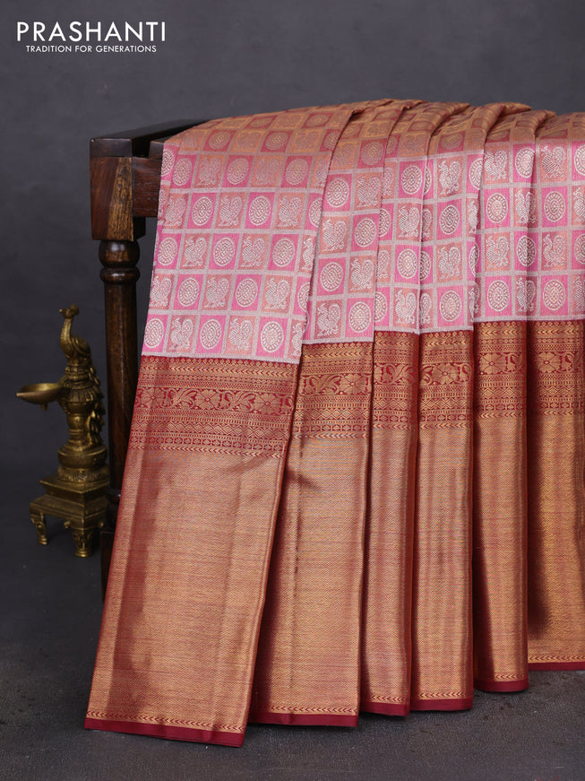 Pure kanchipuram silk saree pink and maroon with allover annam & chakkaram buttas and long rich zari woven border