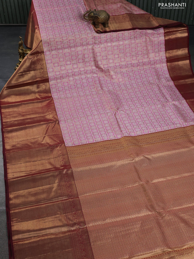 Pure kanchipuram silk saree pink and maroon with allover annam & chakkaram buttas and long rich zari woven border
