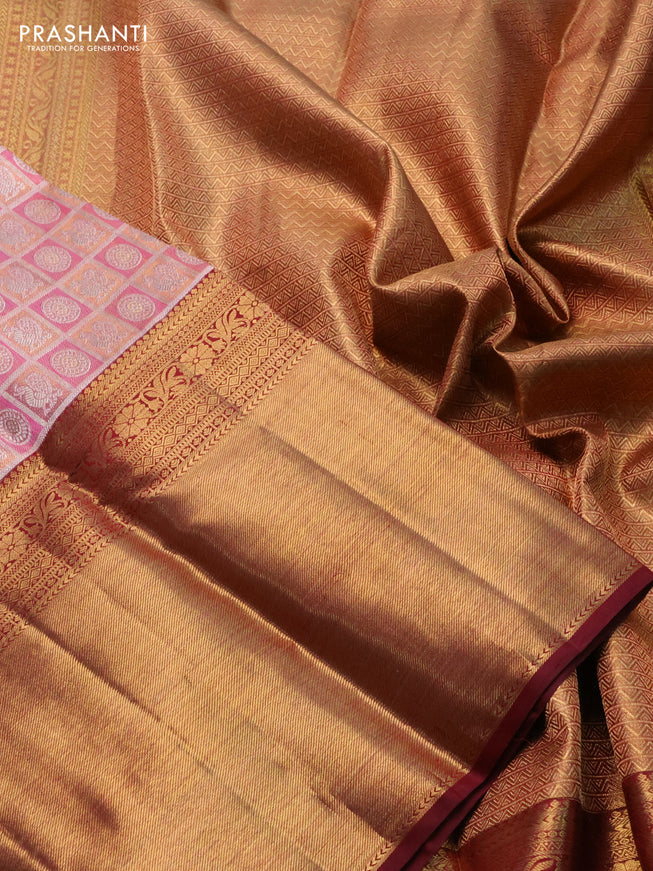 Pure kanchipuram silk saree pink and maroon with allover annam & chakkaram buttas and long rich zari woven border