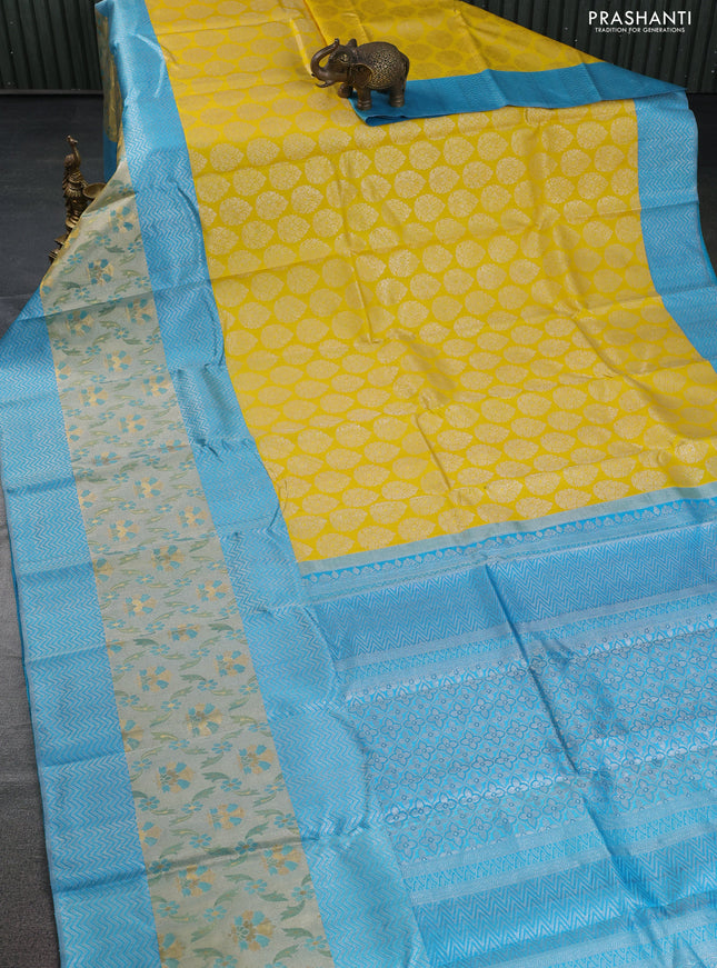 Pure kanchipuram silk saree yellow and teal blue with silver zari woven buttas and long rich zari woven border