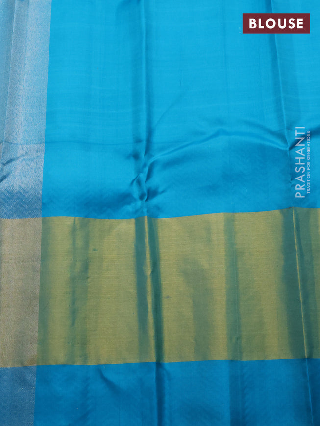 Pure kanchipuram silk saree yellow and teal blue with silver zari woven buttas and long rich zari woven border