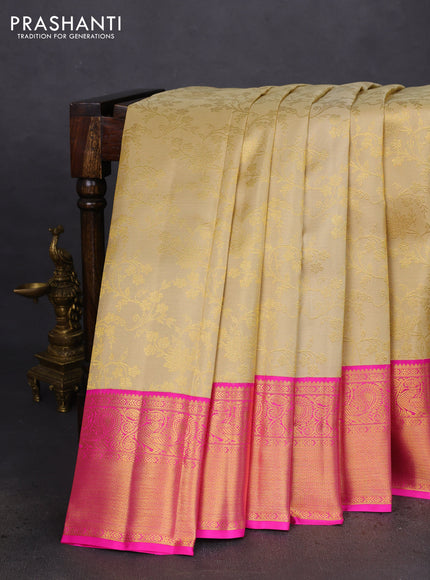 Pure kanchipuram silk saree sandal and pink with allover zari woven brocade weaves and zari woven border