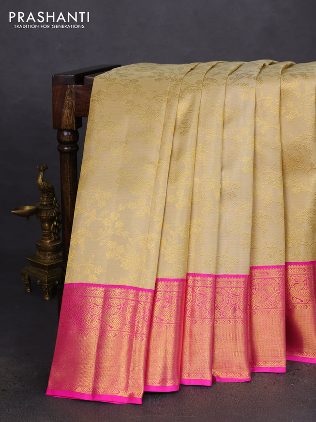 Pure kanchipuram silk saree sandal and pink with allover zari woven brocade weaves and zari woven border