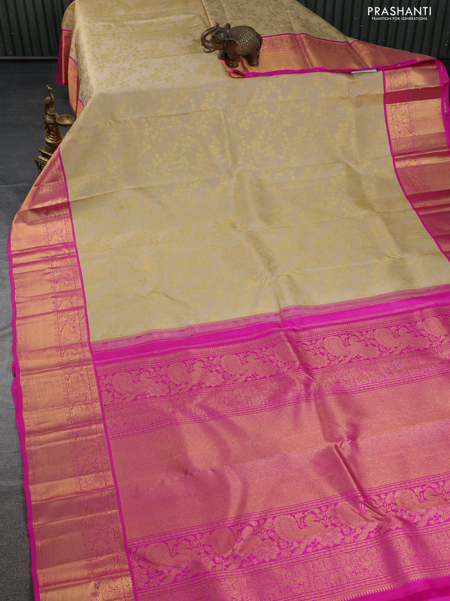 Pure kanchipuram silk saree sandal and pink with allover zari woven brocade weaves and zari woven border