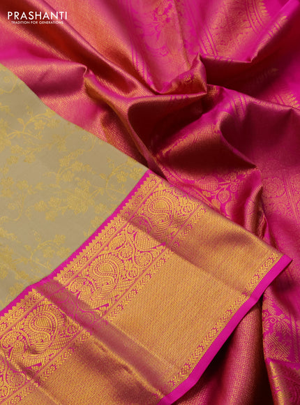 Pure kanchipuram silk saree sandal and pink with allover zari woven brocade weaves and zari woven border