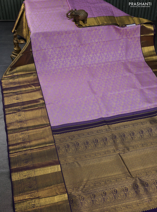Pure kanchipuram silk saree lavender and navy blue with allover zari woven brocade weaves and zari woven border