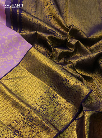 Pure kanchipuram silk saree lavender and navy blue with allover zari woven brocade weaves and zari woven border