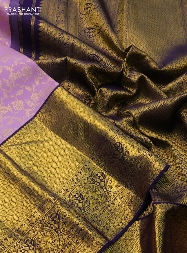 Pure kanchipuram silk saree lavender and navy blue with allover zari woven brocade weaves and zari woven border