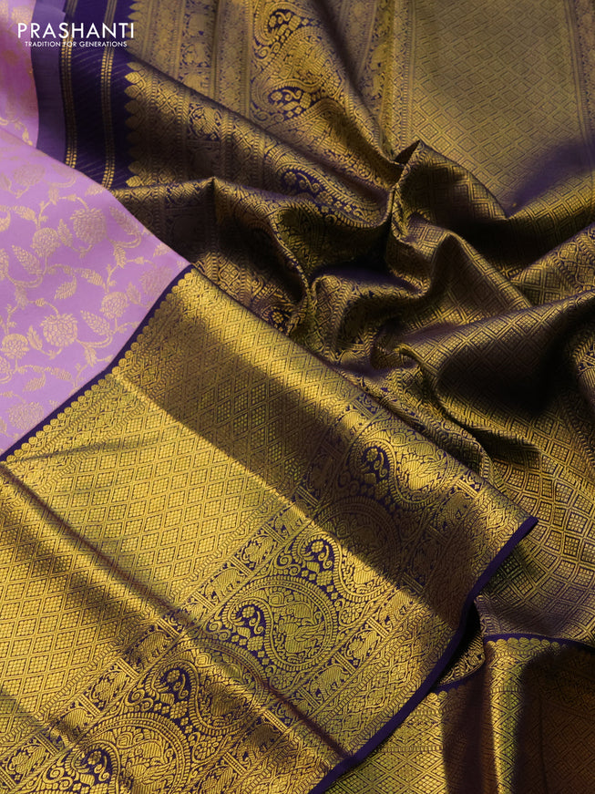 Pure kanchipuram silk saree lavender and navy blue with allover zari woven brocade weaves and zari woven border
