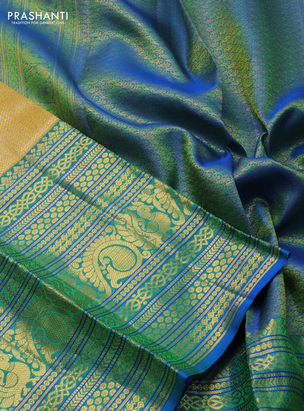 Pure kanchipuram silk saree yellow and blue with allover silver zari woven brocade weaves and long zari woven border