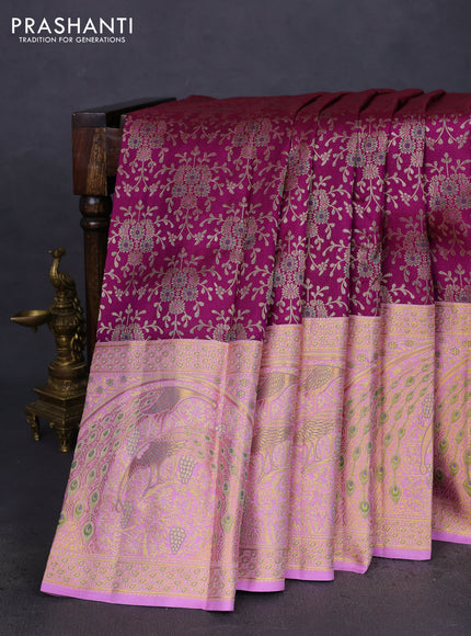 Pure kanchipuram silk saree deep purple and lotus pink with allover zari woven brocade weaves and long rich zari woven border