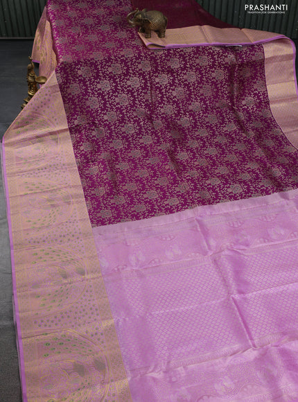 Pure kanchipuram silk saree deep purple and lotus pink with allover zari woven brocade weaves and long rich zari woven border