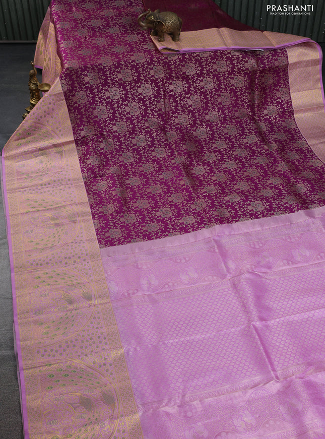 Pure kanchipuram silk saree deep purple and lotus pink with allover zari woven brocade weaves and long rich zari woven border