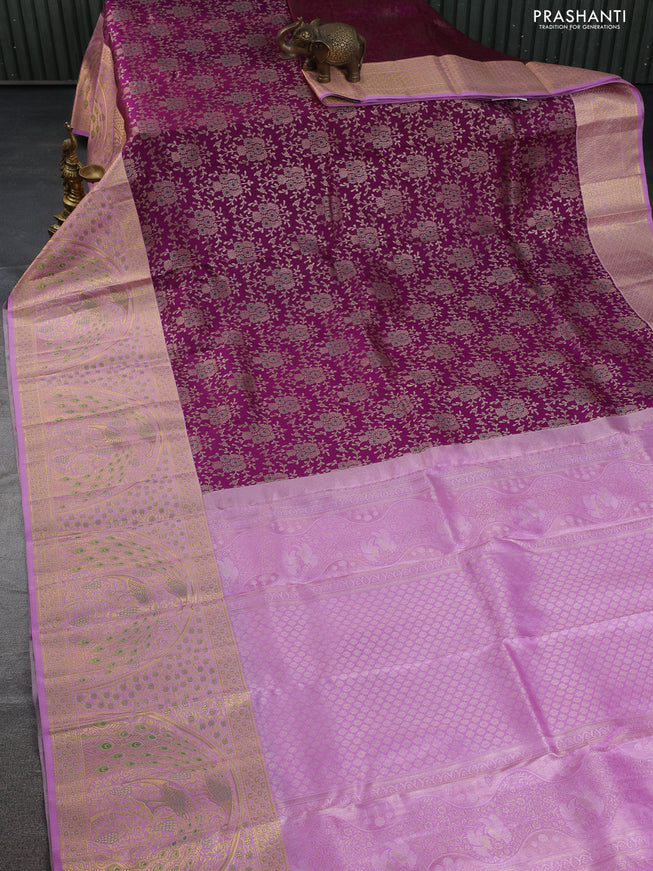 Pure kanchipuram silk saree deep purple and lotus pink with allover zari woven brocade weaves and long rich zari woven border