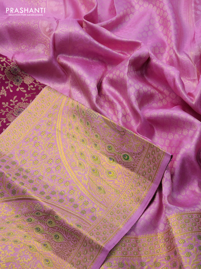 Pure kanchipuram silk saree deep purple and lotus pink with allover zari woven brocade weaves and long rich zari woven border