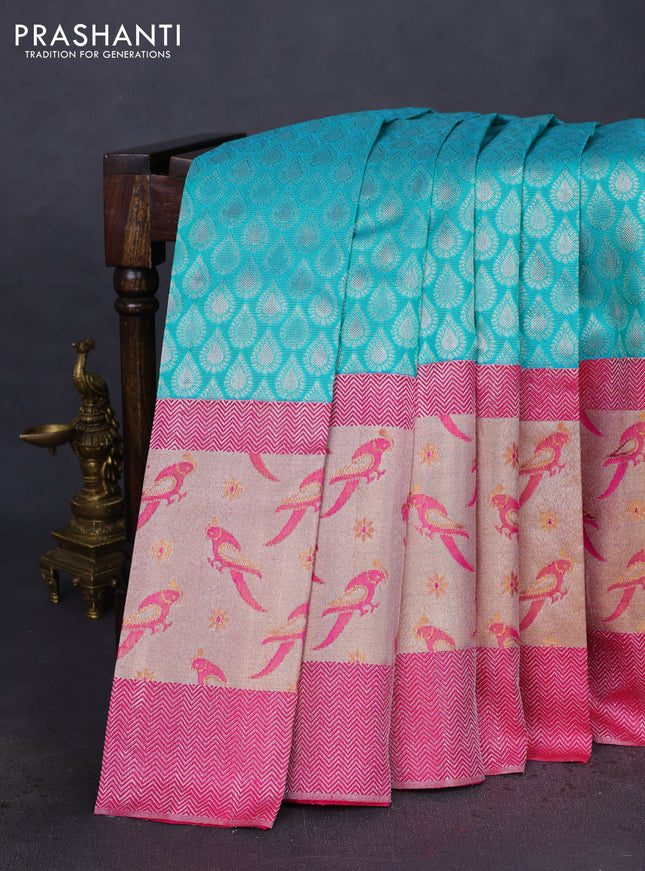 Pure kanchipuram silk saree teal blue and pink with silver zari woven buttas and long rich zari woven border