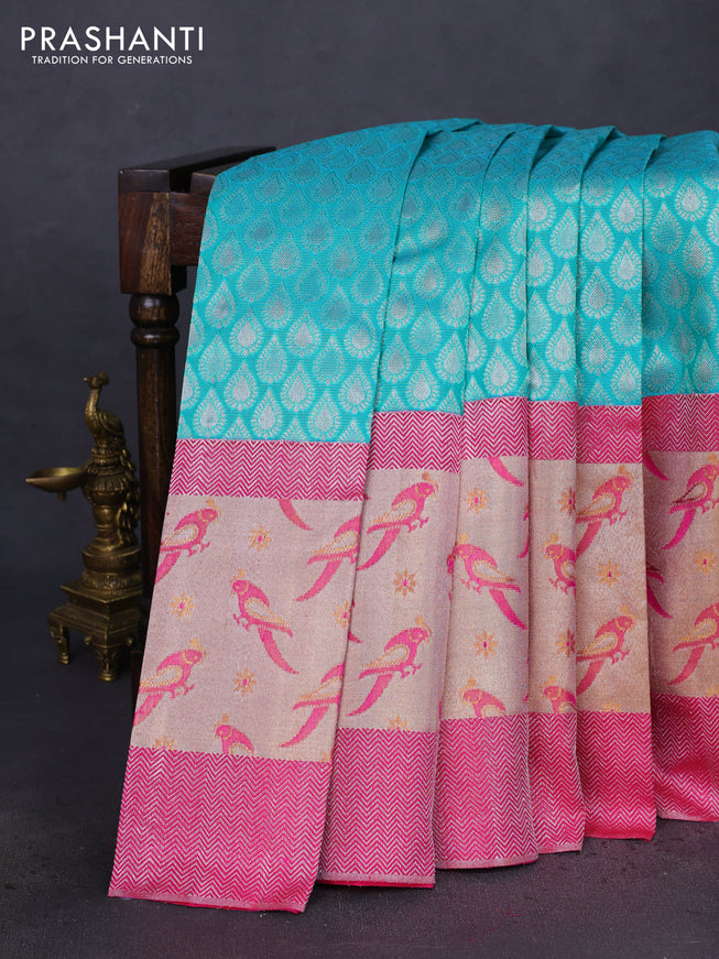 Pure kanchipuram silk saree teal blue and pink with silver zari woven buttas and long rich zari woven border