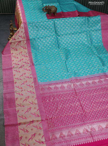 Pure kanchipuram silk saree teal blue and pink with silver zari woven buttas and long rich zari woven border