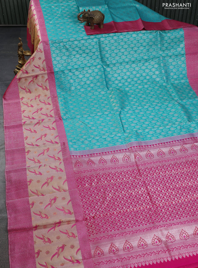 Pure kanchipuram silk saree teal blue and pink with silver zari woven buttas and long rich zari woven border