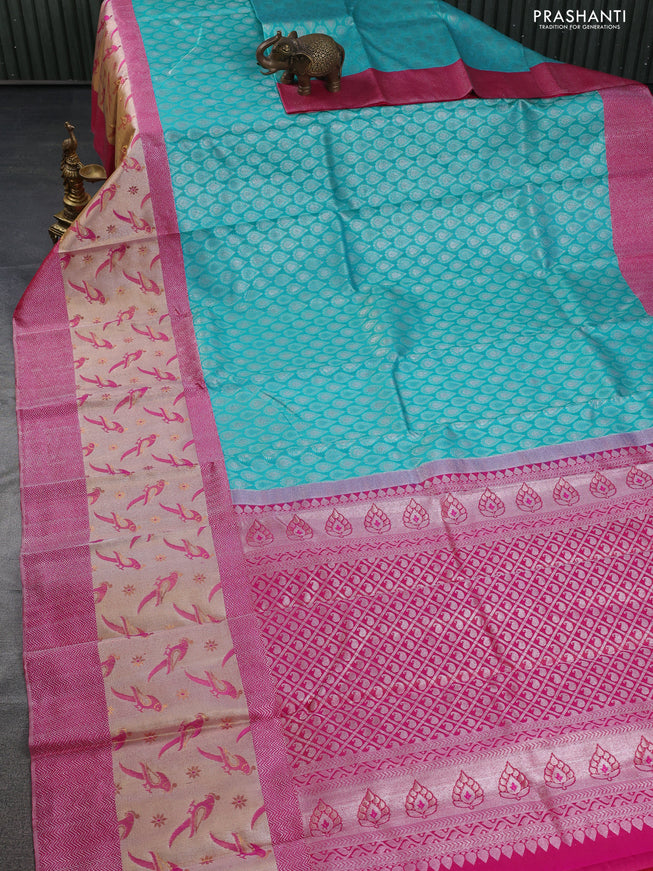 Pure kanchipuram silk saree teal blue and pink with silver zari woven buttas and long rich zari woven border