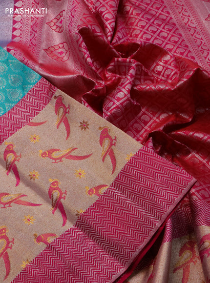 Pure kanchipuram silk saree teal blue and pink with silver zari woven buttas and long rich zari woven border