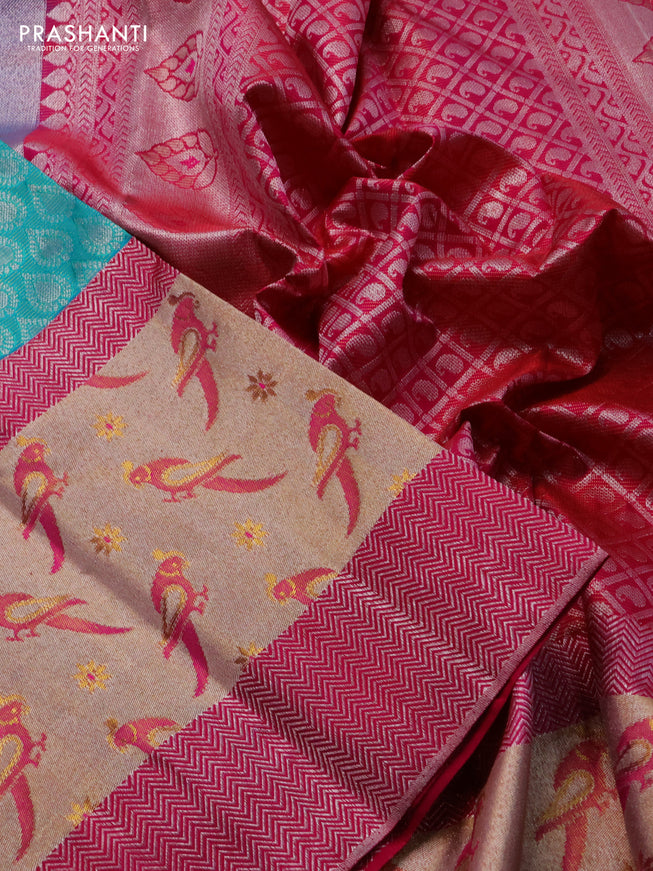 Pure kanchipuram silk saree teal blue and pink with silver zari woven buttas and long rich zari woven border