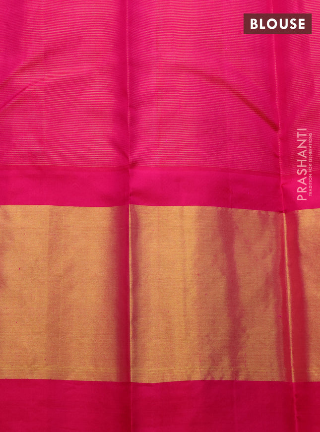 Pure kanchipuram silk saree teal blue and pink with silver zari woven buttas and long rich zari woven border