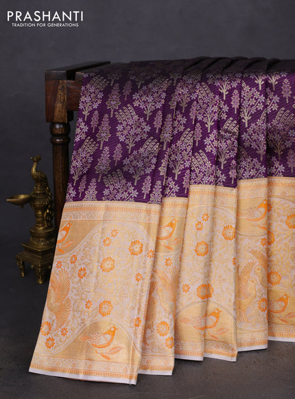 Pure kanchipuram silk saree deep purple and grey with allover silver & gold zari woven brocade weaves and long rich zari woven border