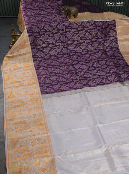 Pure kanchipuram silk saree deep purple and grey with allover silver & gold zari woven brocade weaves and long rich zari woven border