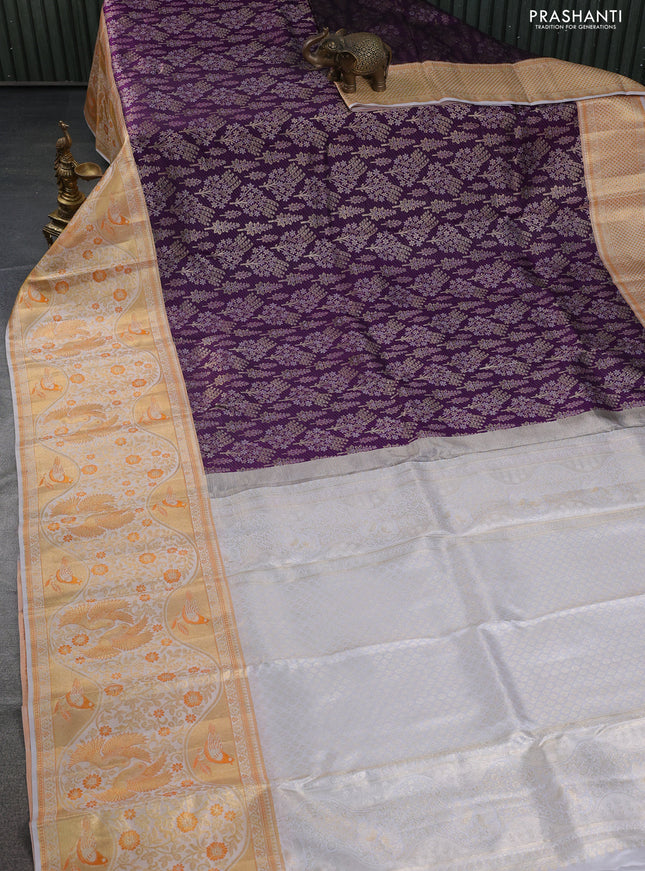 Pure kanchipuram silk saree deep purple and grey with allover silver & gold zari woven brocade weaves and long rich zari woven border